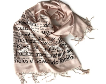 Book Scarf, lorem ipsum scarf. Cicero placeholder text. Silkscreen bamboo pashmina. Graphic designer, art director, literary gift