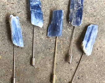Blue Kyanite Lapel Pin, rough gemstone stick pin. Blue, raw stone boutonniere, kyanite hat pin, groom's wedding accessories, something blue