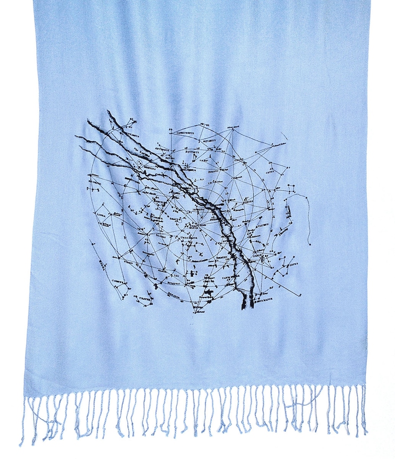Milky Way Galaxy celestial scarf. Navy blue pashmina. Constellation design, ice blue print on navy and more. For men or women. image 4