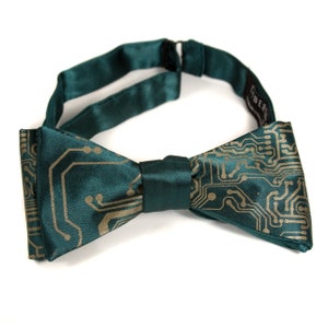 Circuit Board bow tie, self tie bow tie. Computer science graduation gift, creative black tie, geek wedding bow tie, winter formal, prom brass on emerald