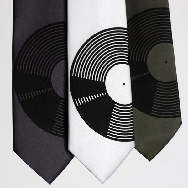 Vinyl Record necktie. Men's music theme silkscreen tie. Your choice of color: Charcoal grey, olive green and more! Standard & narrow width.