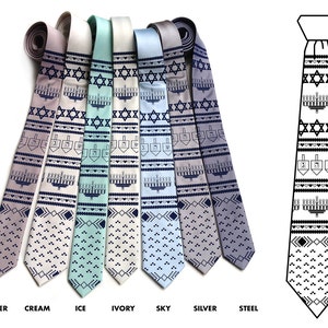 May include: Seven silk ties in various colors, including oyster, cream, ice, ivory, sky, silver, and steel. Each tie features a repeating pattern of Stars of David, menorahs, and dreidels. The ties are displayed on a white background.