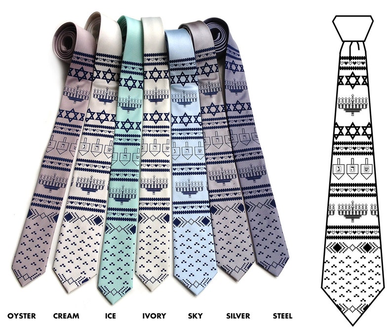 May include: Seven silk ties in various colors, including oyster, cream, ice, ivory, sky, silver, and steel. Each tie features a repeating pattern of Stars of David, menorahs, and dreidels. The ties are displayed on a white background.