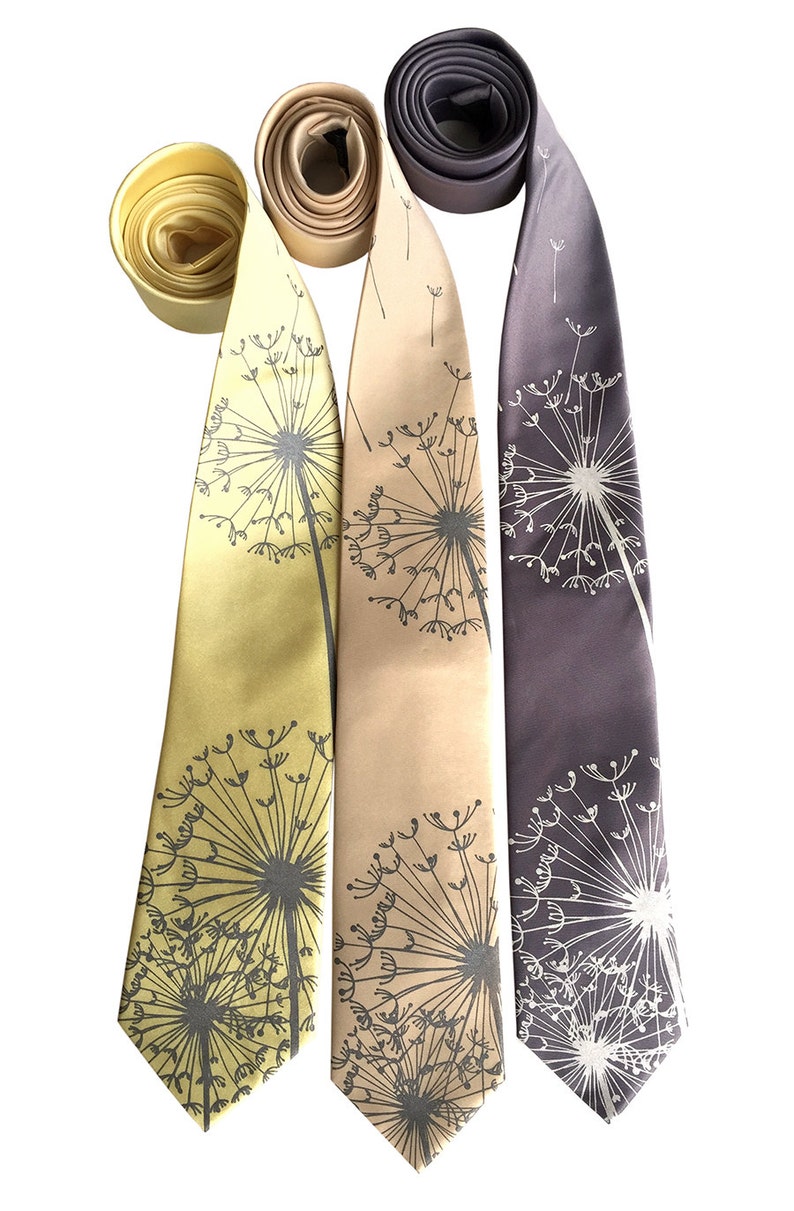 Dandelion Necktie, floral print tie. Dandelion wish, dandelion seed. Best man gift, for him, garden wedding, tie with flowers, groom's tie image 2