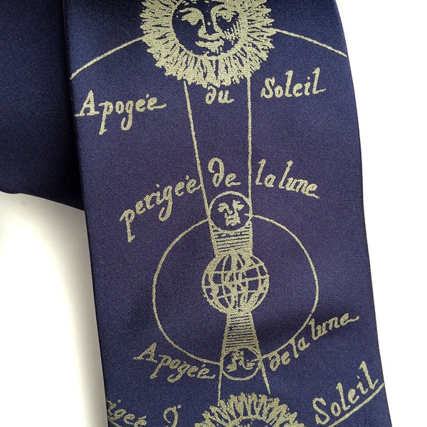 Solar and Lunar Eclipse necktie. Men's silkscreen tie. Your choice of printing ink and tie colors. Vegan safe microfiber.