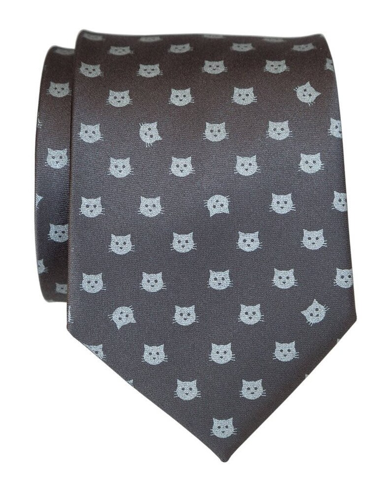 Cat Print Tie, cat dad gift. Polka dot silk tie. Cat lover gift men, Kitten Face tie, pet groomer, gift for vet, veterinarian, cat rescue palegrey on charcoal