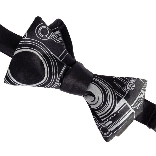 Camera bow tie. Self tie, men's black bow tie. Dove gray screen print on black & more. Perfect gift for photographers.