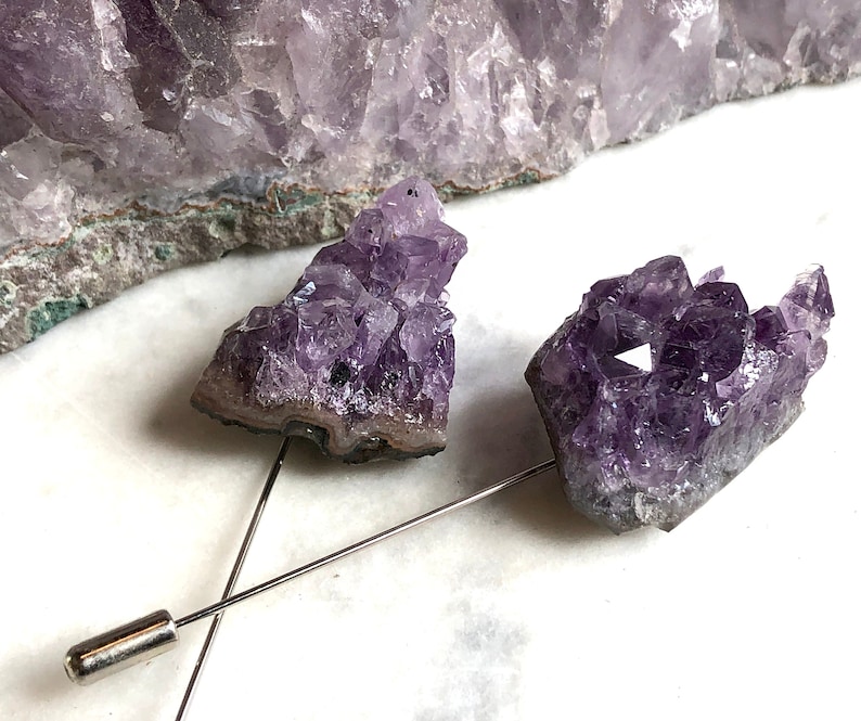 Amethyst Lapel Pin, raw stone stick pin. Boutonniere, stone brooch, hat pin, geode crystal pin, groom wedding lapel pin, rockhound gift men image 2