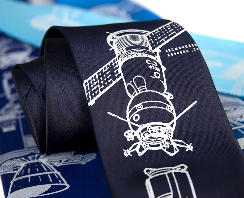 Apollo Soyuz, NASA clothing Soviet Russia / silk tie, space gift. NASA Yuri Gagarin, Astronaut, Cosmonaut, space race, boyfriend gift image 3