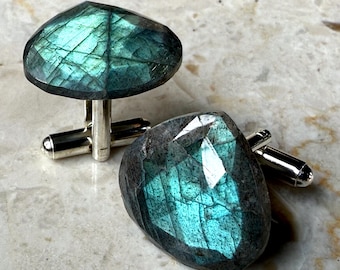 Faceted Labradorite Cufflinks — Rose Cut Cabochon Stone CufflinksCufflinks for groom, gift for him
