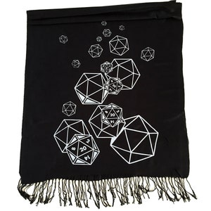 d20 scarf, critical role. RPG twenty sided die, bamboo pashmina. Nerd wedding, D and D inspired, polyhedral dice geek gift, gamer girl silver on black