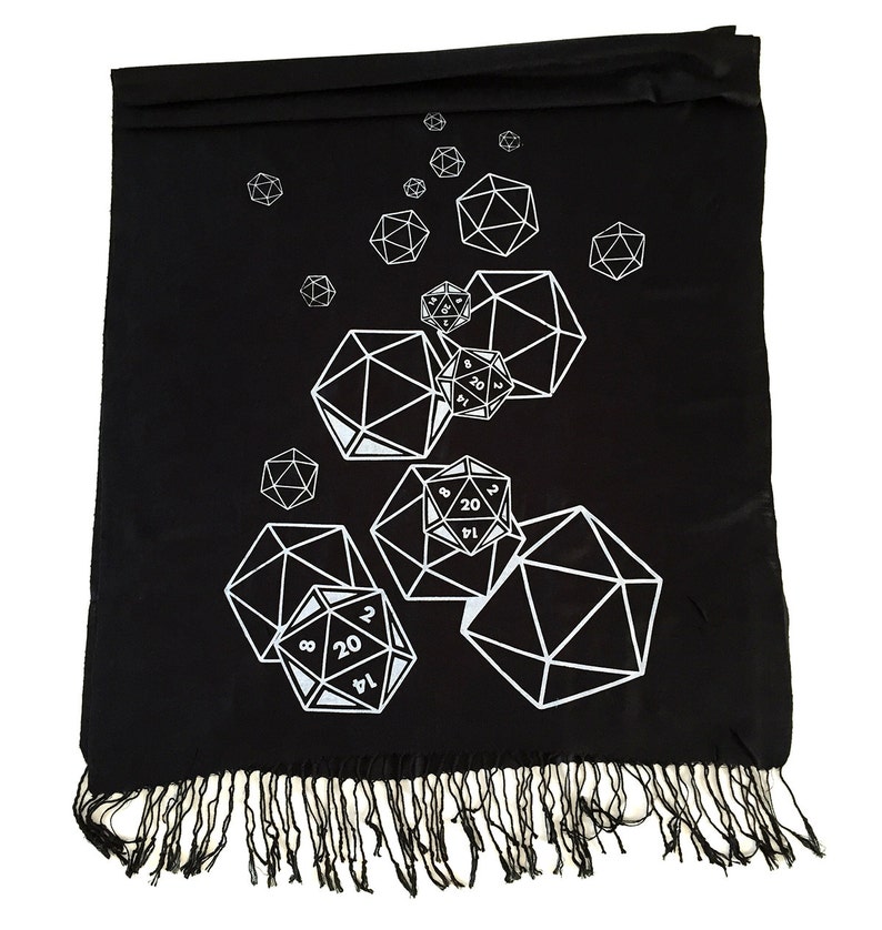 d20 scarf, critical role. RPG twenty sided die, bamboo pashmina. Nerd wedding, D and D inspired, polyhedral dice geek gift, gamer girl silver on black