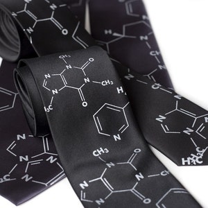 Addictive Molecules silk necktie. Coffee and Cigarettes screenprinted mens tie. Caffeine and Nicotine molecule tie. Silver print. image 2