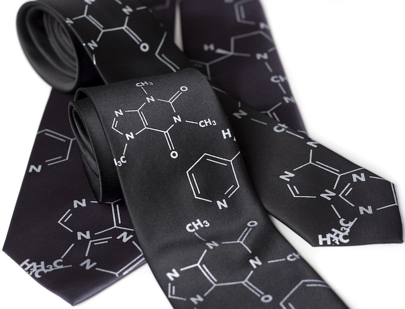 Addictive Molecules silk necktie. Coffee and Cigarettes screenprinted mens tie. Caffeine and Nicotine molecule tie. Silver print. image 2