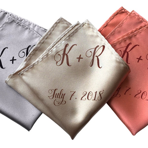 Custom Initial Wedding Pocket Square, handwritten pretty script. Personalized monogram name, wedding date & message too! Wedding parent gift