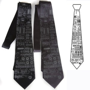 Apollo Cockpit men's silk necktie. Rocket science silkscreened tie. Dove gray print. Your choice of tie colors. image 4