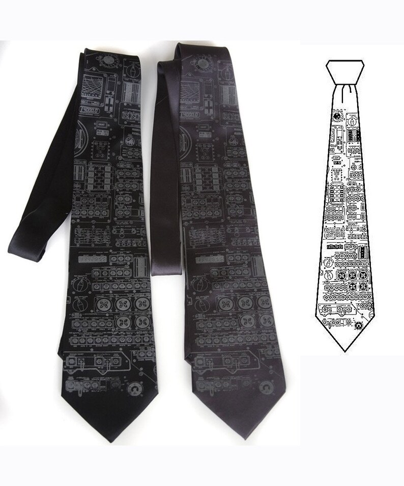 Apollo Cockpit men's silk necktie. Rocket science silkscreened tie. Dove gray print. Your choice of tie colors. image 4