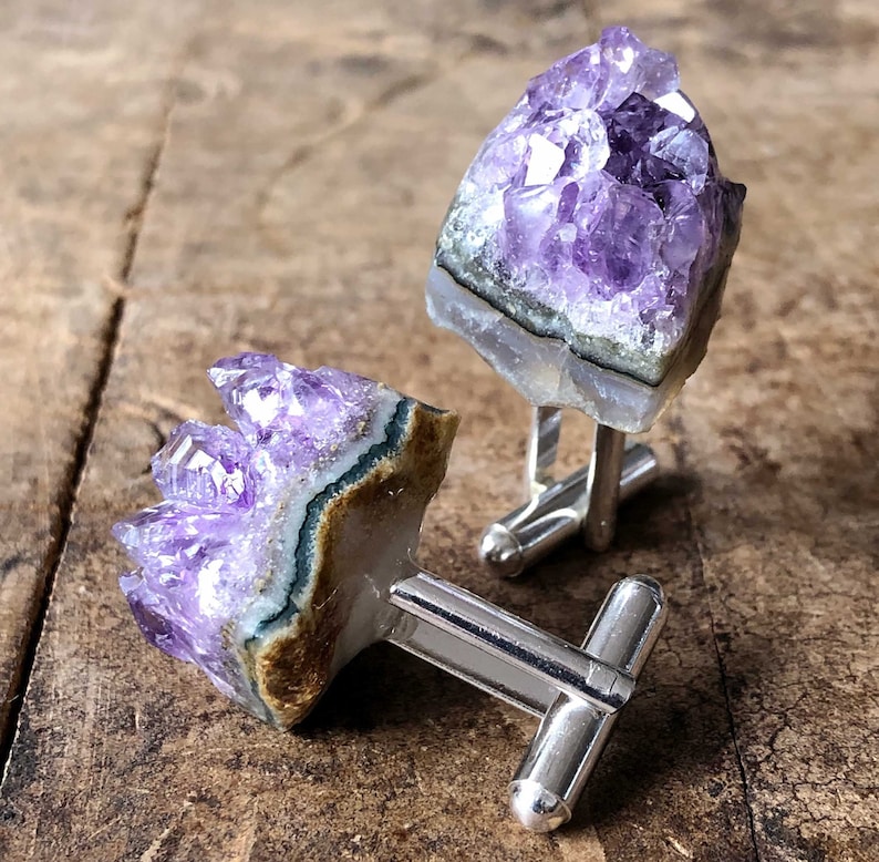 Amethyst Crystal Cufflinks. Amethyst Geode Slices, raw stone cufflinks, purple wedding cufflinks. February birthday gift for him, husband image 1