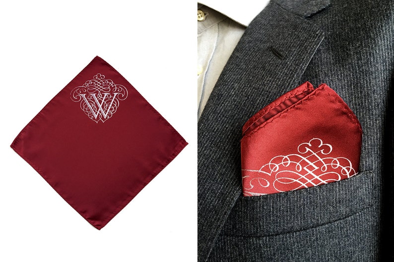 Custom initial pocket square, gift for him. Filigree letter monogram, personalized single letter mens wedding handkerchief. Choose A-Z image 2