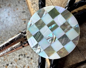 Round Mother of Pearl Bolo Tie. Checkerboard Iridescent White Nautilus and Brownlip Abalone Shell Bola western neckwear. Cowboy style