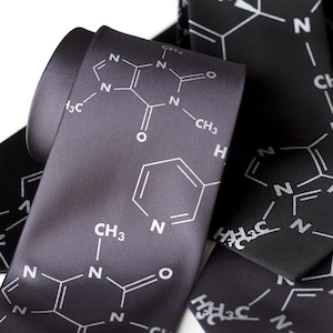 Addictive Molecules silk necktie. Coffee and Cigarettes screenprinted mens tie. Caffeine and Nicotine molecule tie. Silver print. image 1