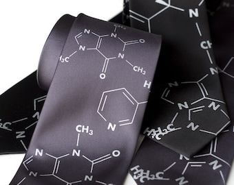 Addictive Molecules silk necktie. "Coffee and Cigarettes" screenprinted mens tie. (Caffeine and Nicotine molecule tie). Silver print.