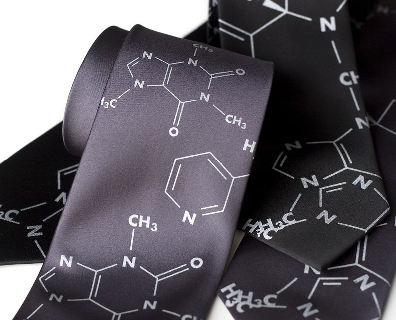 Addictive Molecules silk necktie. Coffee and Cigarettes screenprinted mens tie. Caffeine and Nicotine molecule tie. Silver print. image 1