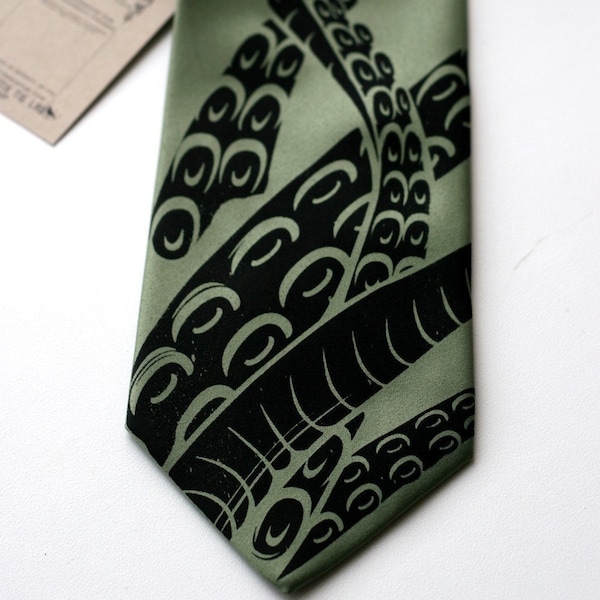 Squid Tie, Cthulhu Tentacles & Suckers. Octopus necktie. Sage and black: Wide, narrow, skinny tie, big and tall! Nerd wedding, beach wedding