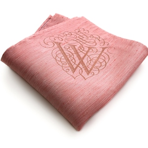 Custom initial pocket square. Pink pocket square, coral pink linen silk blend & more. Filigree font. Personalized letter, choose A-Z Coral (Brush Park)