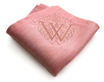 Custom initial pocket square. Pink pocket square, coral pink linen silk blend & more. Filigree font. Personalized letter, choose A-Z