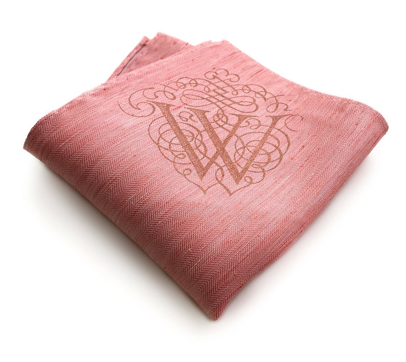 Custom initial pocket square. Pink pocket square, coral pink linen silk blend & more. Filigree font. Personalized letter, choose A-Z Coral (Brush Park)