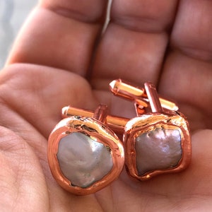 Iridescent White Freshwater Pearl Cufflinks. Copper Bezel, Electroformed Cultured coin pearl cuff links. Cool, unique mens wedding cufflinks image 7