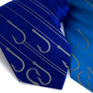 Fishing necktie. Fish hook men&#39;s tie. &quot;Playing Hooky&quot; blue silk necktie. Silkscreened dove gray print.