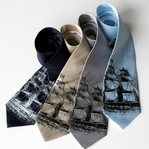 Clipper Ship Necktie. Men's nautical print tie. Pirate, schooner, sailing ship print. Choose narrow or standard width silkscreened necktie. image 1