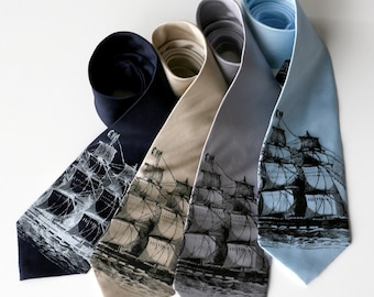 Clipper Ship Necktie. Men's nautical print tie. Pirate, schooner, sailing ship print. Choose narrow or standard width silkscreened necktie.
