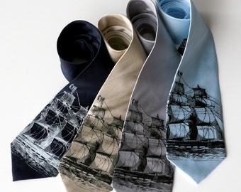 Clipper Ship Necktie. Men&#39;s nautical print tie. Pirate, schooner, sailing ship print. Choose narrow or standard width silkscreened necktie.