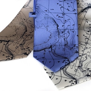 Topographic Map Tie. Contour map men's necktie. Oceanography, Maritime chart, Scandinavia, Norway, Sweden, Finland. Destination wedding, men periwinkle