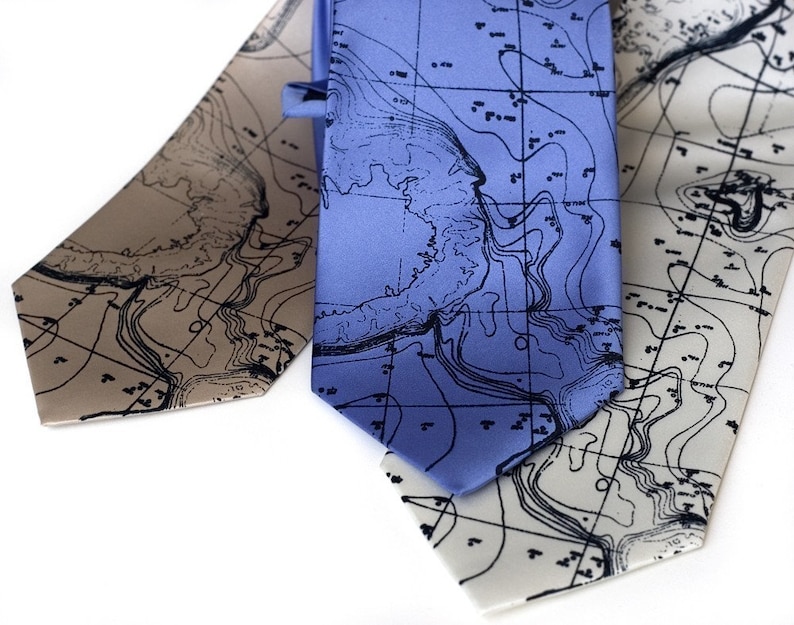 Topographic Map Tie. Contour map men's necktie. Oceanography, Maritime chart, Scandinavia, Norway, Sweden, Finland. Destination wedding, men periwinkle