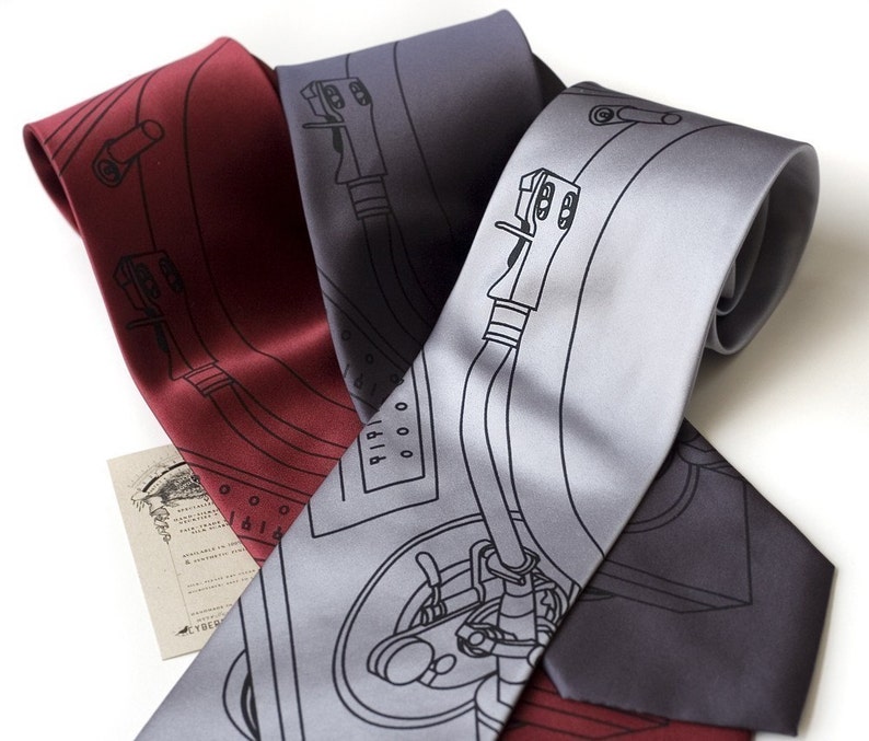 Record Player Necktie. Turntable tonearm silkscreen print men's tie. Dj gift, music lover gift. Choose narrow or standard size tie. image 1