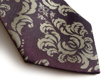 Damask Silk Tie. Aubergine purple, madison damask. Modern tie, narrow tie, deep purple wedding tie, purple and gold, shot silk necktie