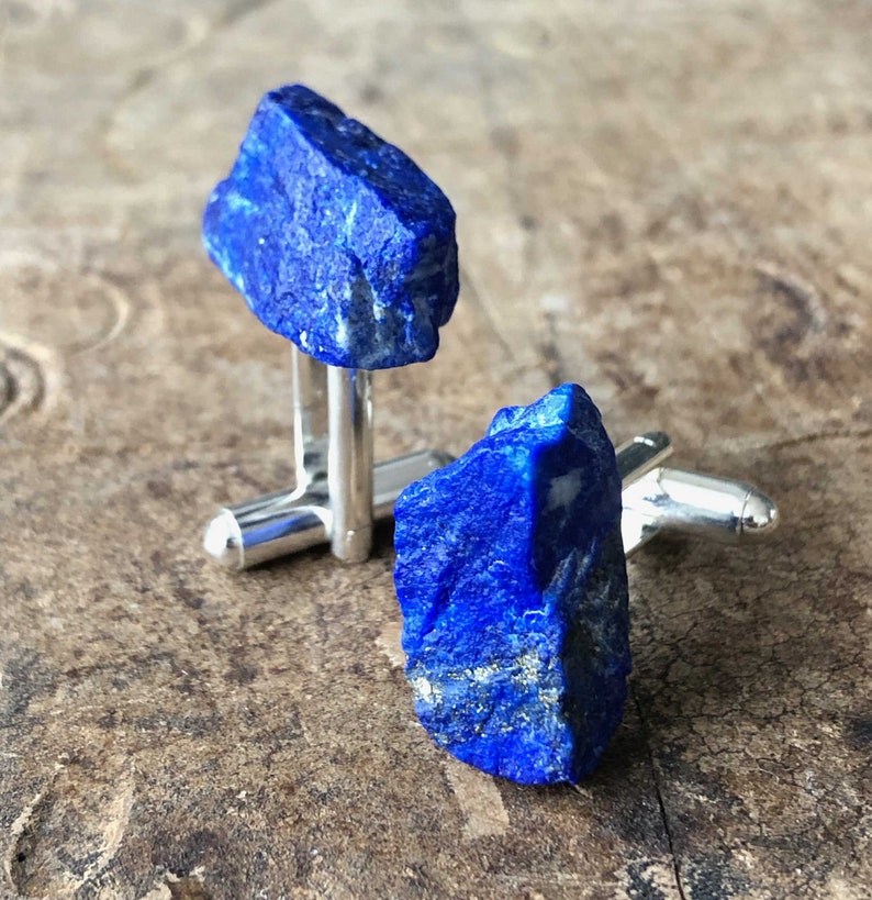 Lapis Cufflinks. Natural raw stone, rough gemstone cufflinks. 9th Anniversary, something blue, wedding cufflinks. Husband gift, gift for dad zdjęcie 9