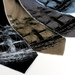 Clipper Ship Necktie. Men's nautical print tie. Pirate, schooner, sailing ship print. Choose narrow or standard width silkscreened necktie. image 2