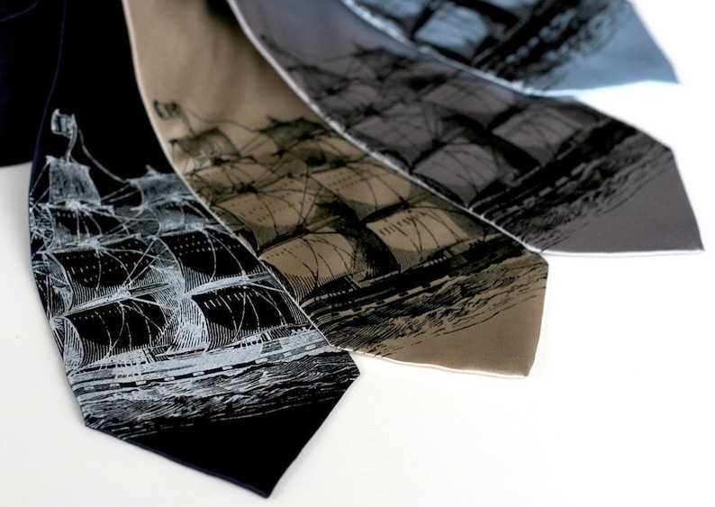 Clipper Ship Necktie. Men's nautical print tie. Pirate, schooner, sailing ship print. Choose narrow or standard width silkscreened necktie. image 2