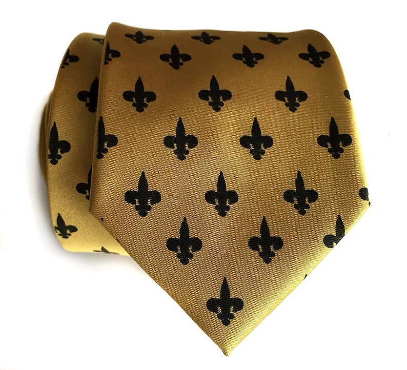 Fleur-de-lis silk tie. Mardi Gras, New Orleans gift. French Royalty necktie. Antique brass print on cream, eggplant, olive and more. image 8