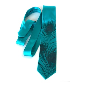 Teal blue peacock tie. Peacock feather men&#39;s silk necktie. Silkscreened tie, slate print. Choose from teal silk and more.