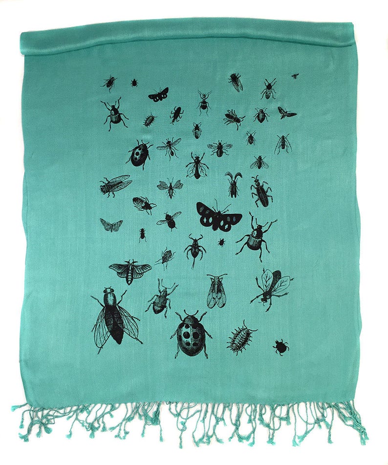 Insect Scarf. Bug print pashmina, linen weave. Black silkscreen print on margarita green scarf & more. Entomologist, natural history gift. black on mint