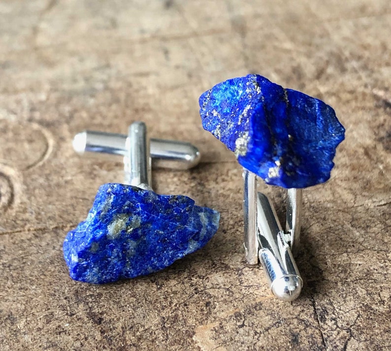 Lapis Cufflinks. Natural raw stone, rough gemstone cufflinks. 9th Anniversary, something blue, wedding cufflinks. Husband gift, gift for dad zdjęcie 6