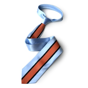 May include: A light blue tie with a wide orange stripe and black trim. The tie is knotted and laid out on a white background.