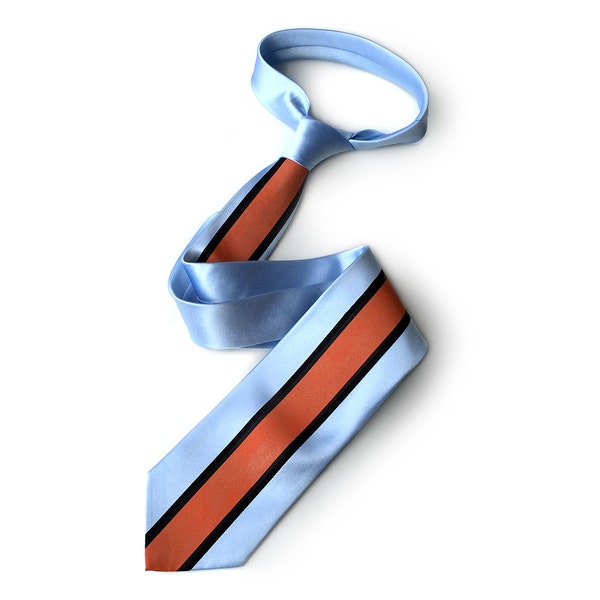 Racing Livery necktie: LeMans Mirage powder blue & marigold racing stripes tie. Auto enthusiast men's tie. Add a pocket square too!