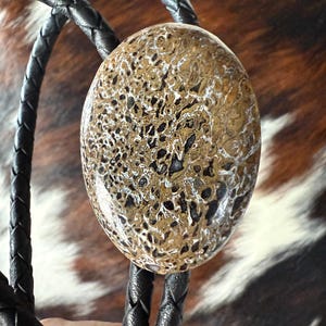May include: Oval bolo tie with a patterned stone centerpiece in shades of brown, black, and white. The stone is set against a black braided leather cord. The bolo tie is a Western-style accessory.